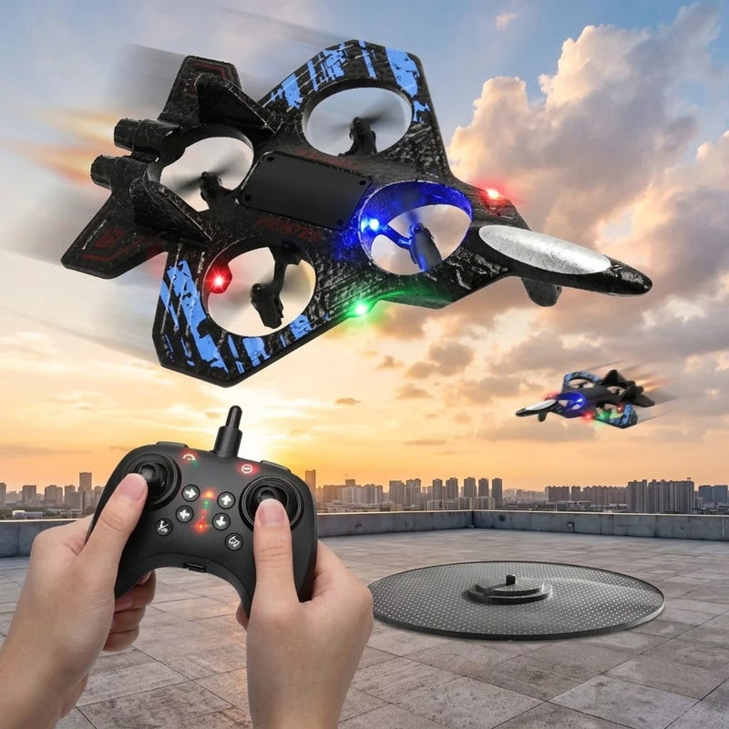 Avião Drone de Combate RC 2.4GHz com 4 Motores, Luz LED, Controle Remoto e Bateria Recarregável