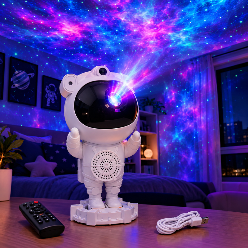 Projetor Galáxia Astronauta Controle Remoto Efeito Nebulosa Estrela Rotação 360 Cabeça Magnética USB