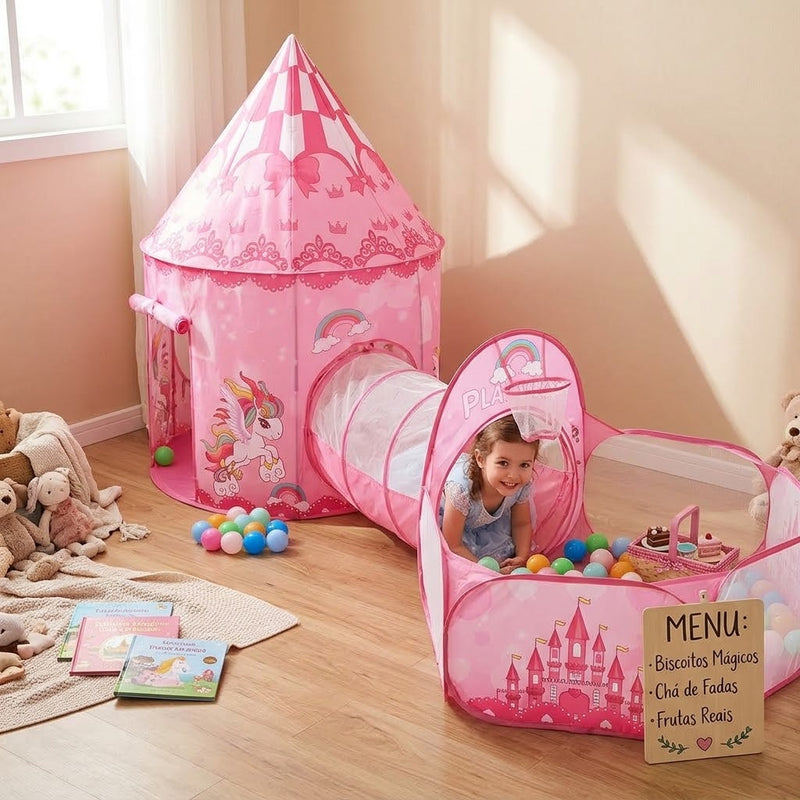 Barraca Infantil 3 em 1 Princesas: Toca, Túnel e Cercado Dobrável